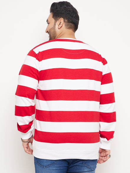 White Striped Full Sleeve Round Neck Plus Size Sweatshirt