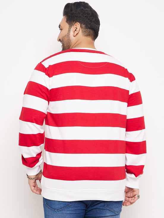 White Striped Full Sleeve Round Neck Plus Size Sweatshirt