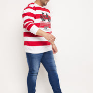 White Striped Full Sleeve Round Neck Plus Size Sweatshirt