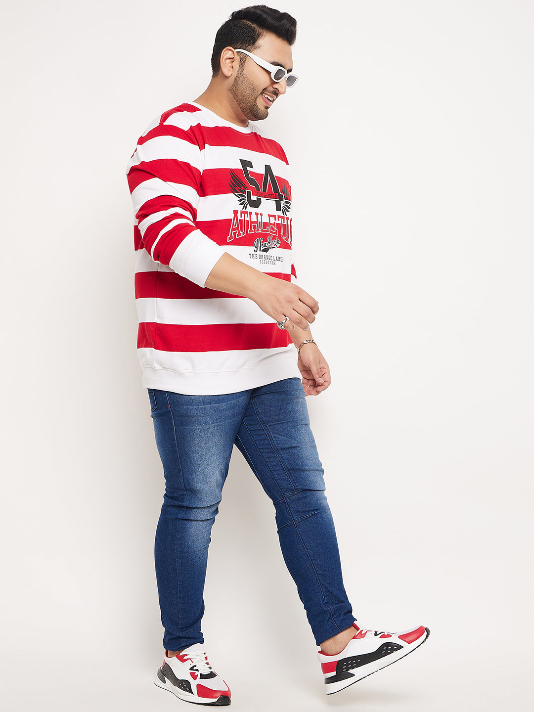 White Striped Full Sleeve Round Neck Plus Size Sweatshirt