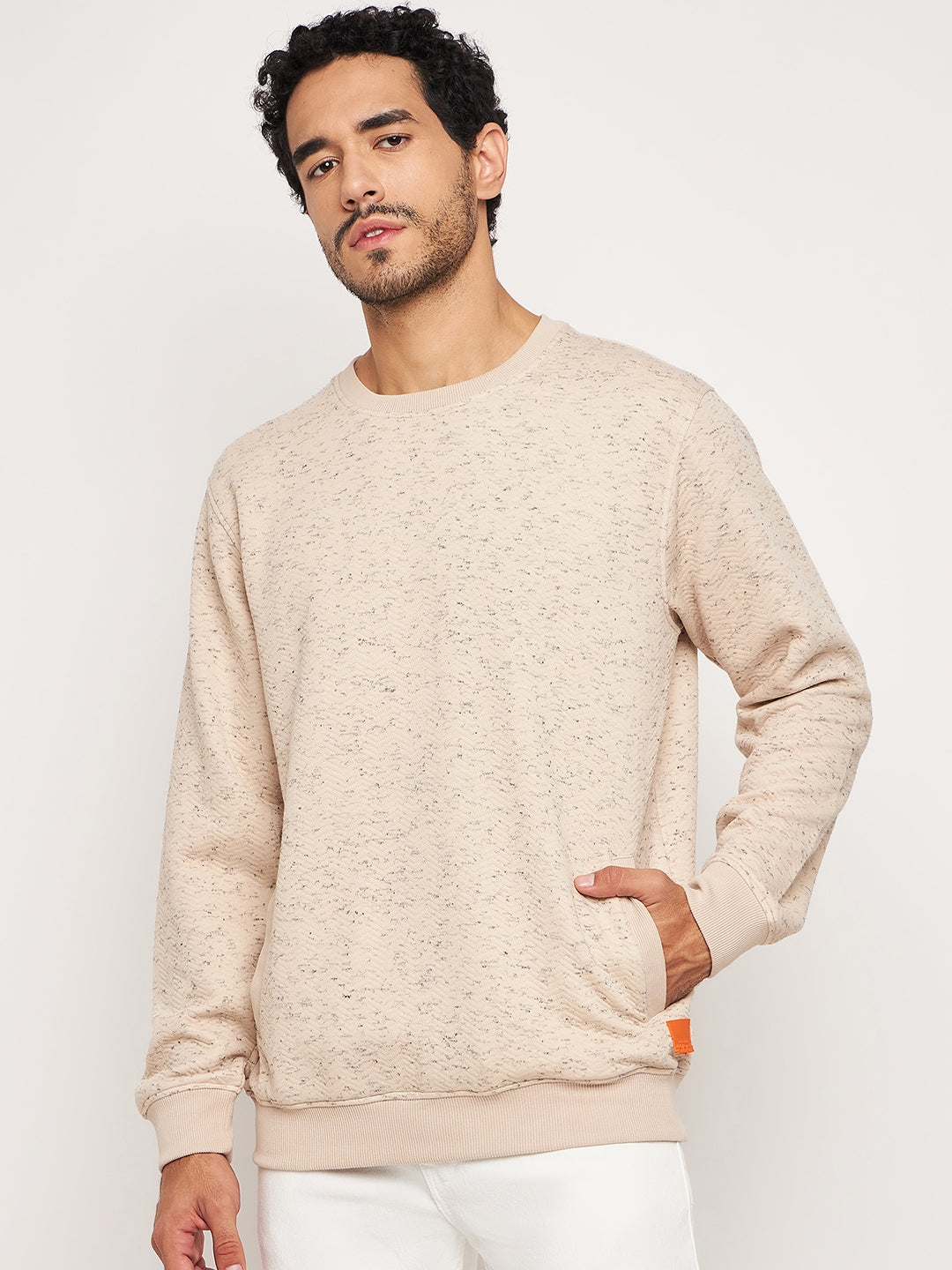 Beige Solid Full Sleeve Round Neck Sweatshirt