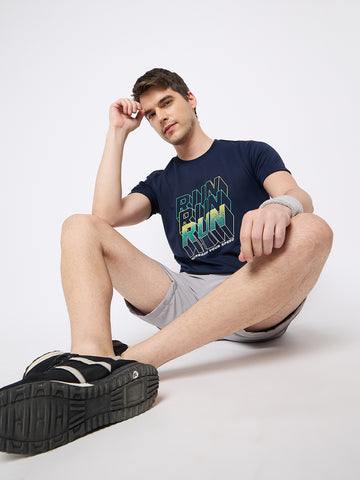 Navy Blue Printed Activewear T-Shirt