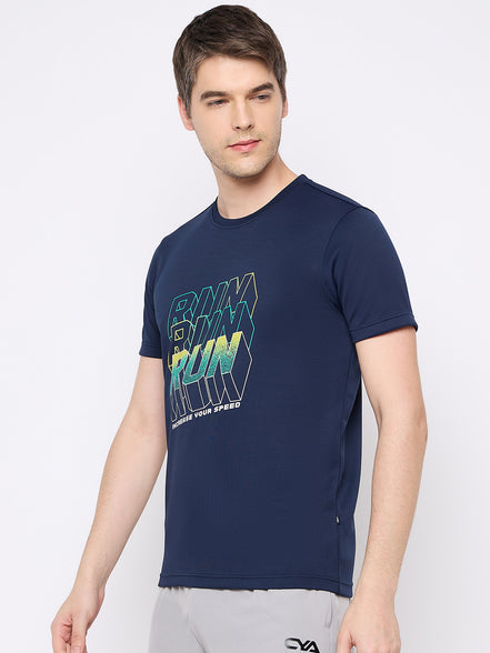 Navy Blue Printed Activewear T-Shirt
