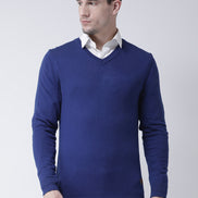 Blue Solid V-Neck Sweater