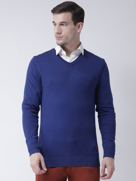 Blue Solid V-Neck Sweater