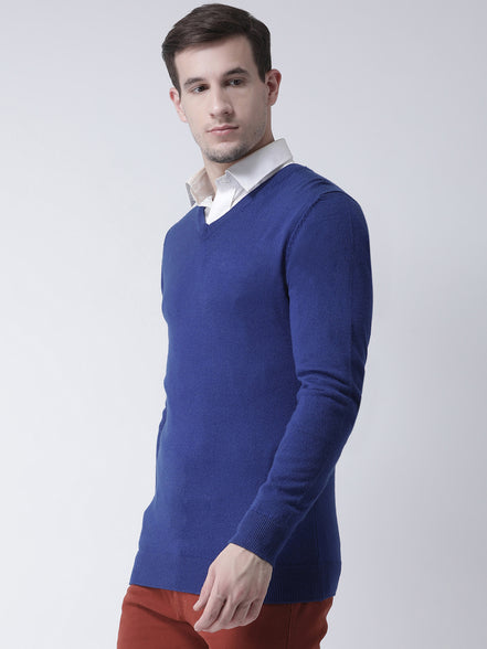 Blue Solid V-Neck Sweater
