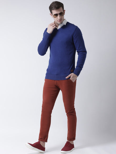 Blue Solid V-Neck Sweater