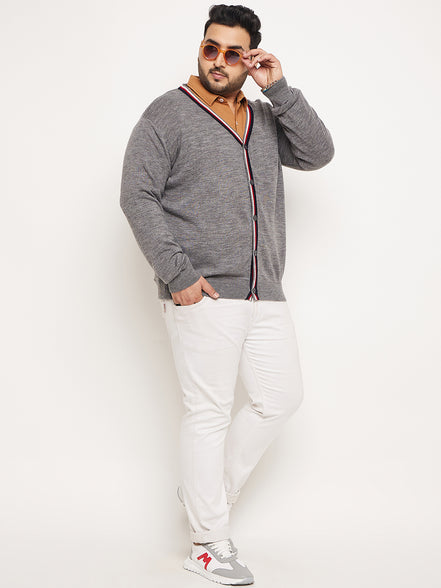 Grey White Solid Cardigan