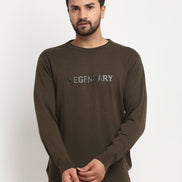 Olive Typography Print Round Neck Sweater