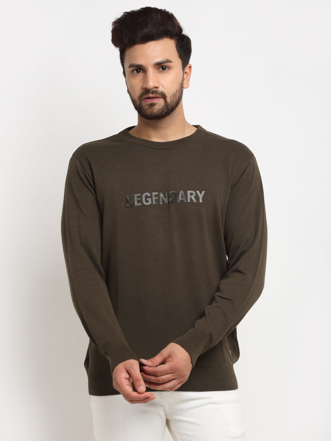 Olive Typography Print Round Neck Sweater