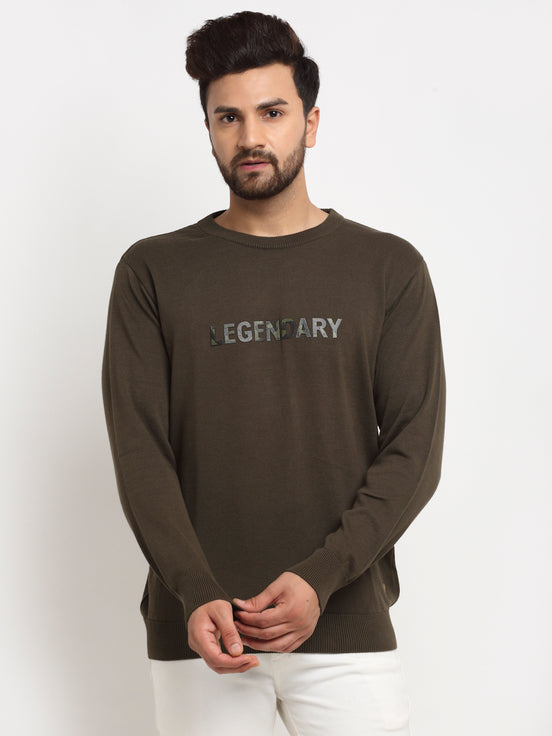 Olive Typography Print Round Neck Sweater