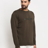 Olive Typography Print Round Neck Sweater