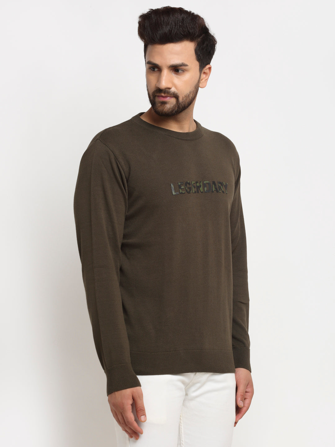 Olive Typography Print Round Neck Sweater