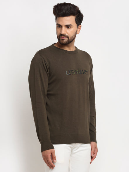 Olive Typography Print Round Neck Sweater