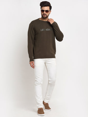 Olive Typography Print Round Neck Sweater