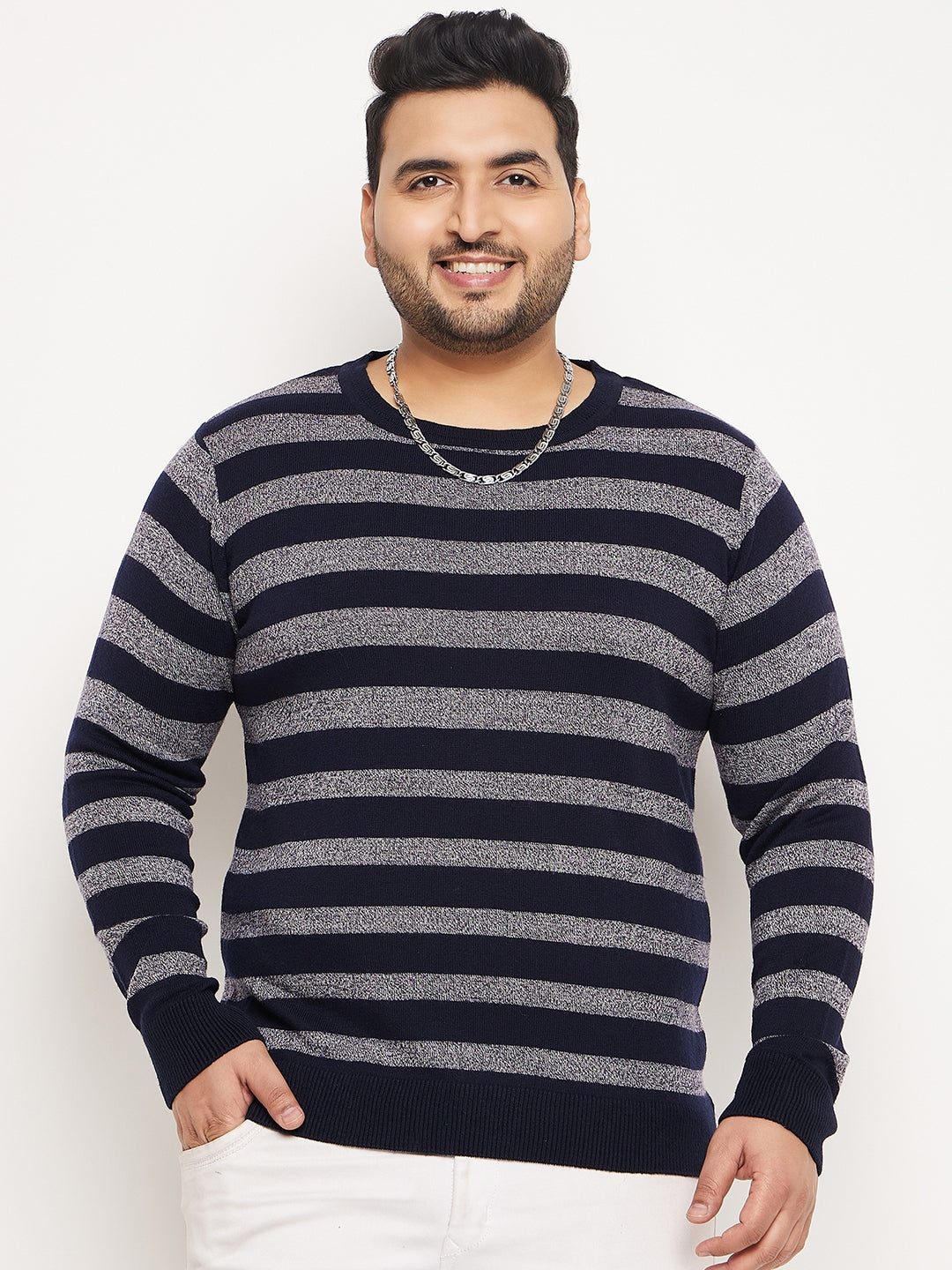Navy Blue Striped Plus Size Sweater