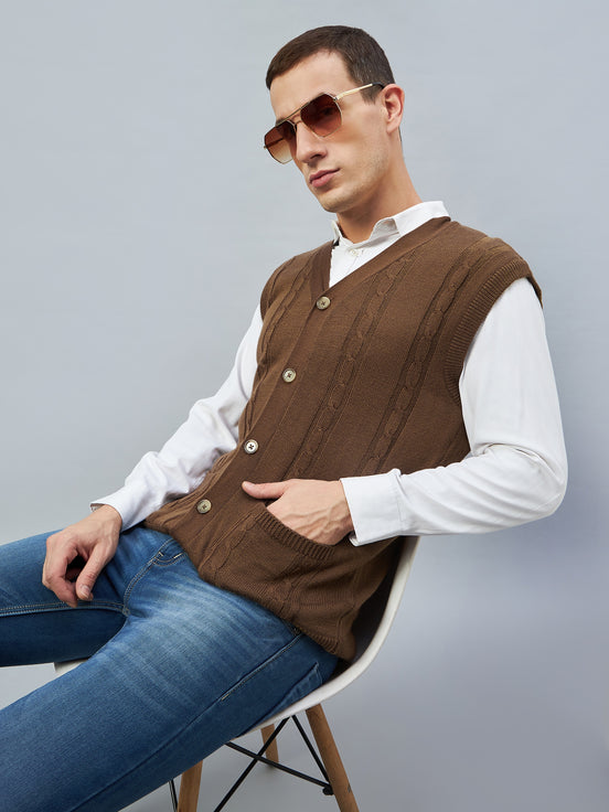 Brown Sleeveless V Neck Sweater