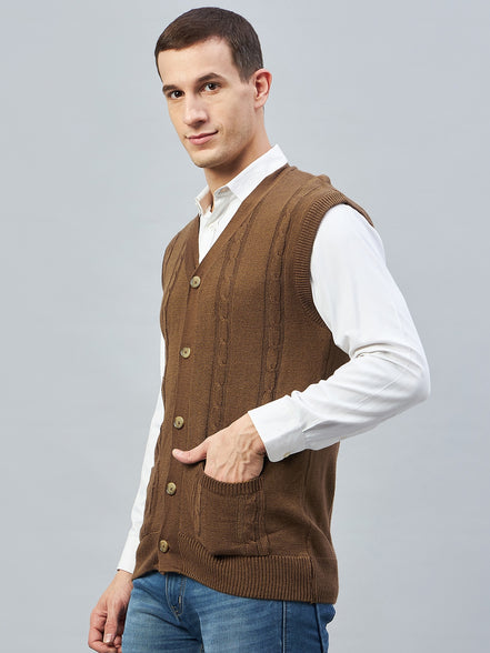 Brown Sleeveless V Neck Sweater