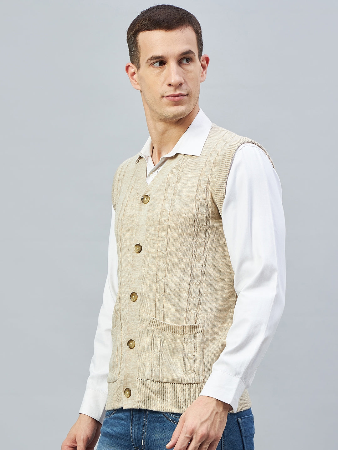 Beige Sleeveless V Neck Sweater