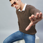 Brown Solid V Neck Sweater