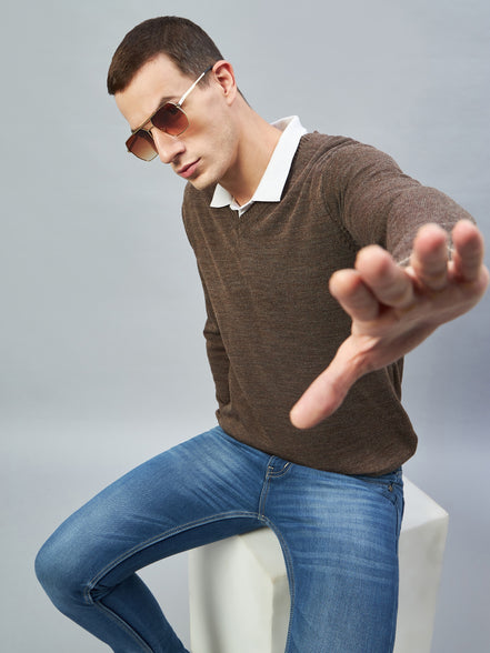 Brown Solid V Neck Sweater