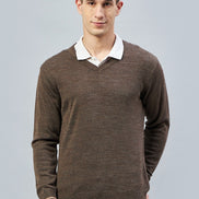 Brown Solid V Neck Sweater