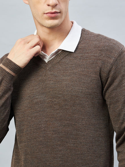 Brown Solid V Neck Sweater