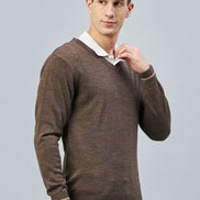 Brown Solid V Neck Sweater