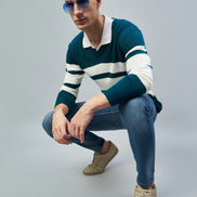 Teal Colorblocked V Neck Sweater