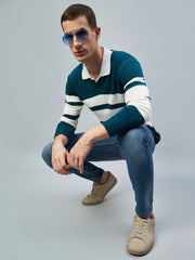 Teal Colorblocked V Neck Sweater