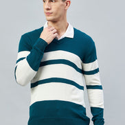 Teal Colorblocked V Neck Sweater