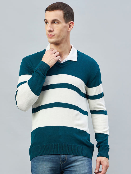 Teal Colorblocked V Neck Sweater