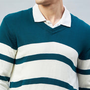 Teal Colorblocked V Neck Sweater