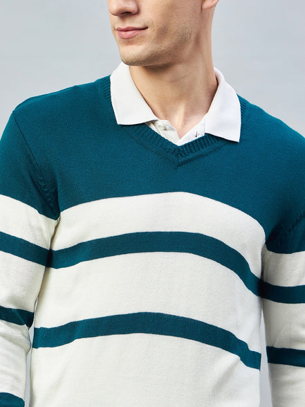 Teal Colorblocked V Neck Sweater