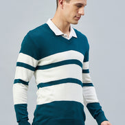 Teal Colorblocked V Neck Sweater