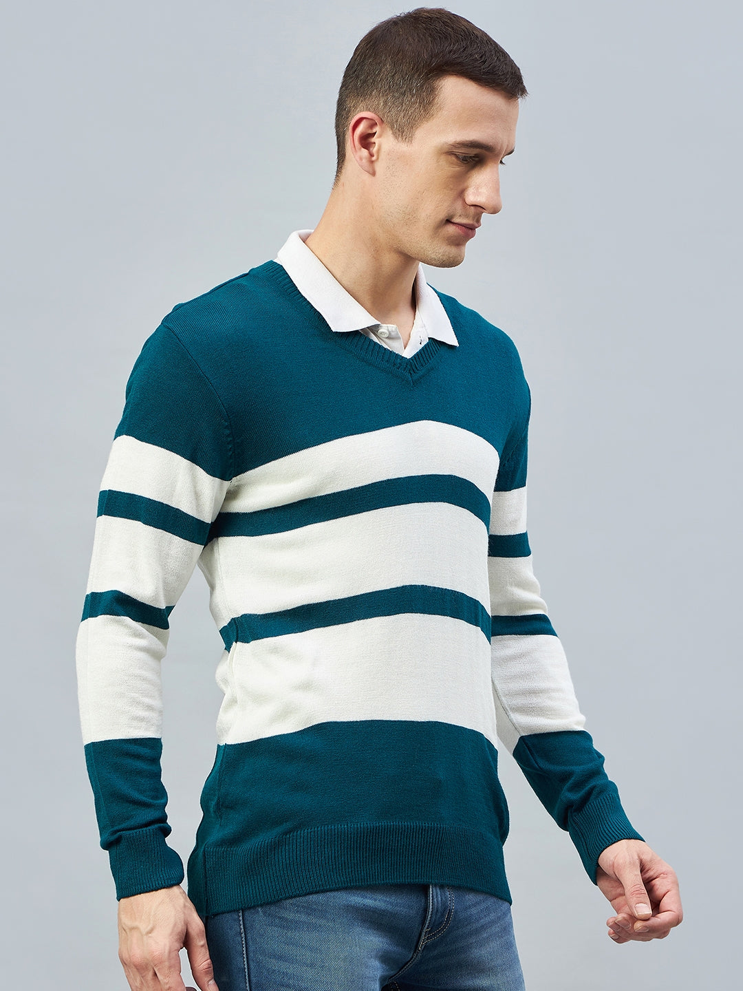 Teal Colorblocked V Neck Sweater