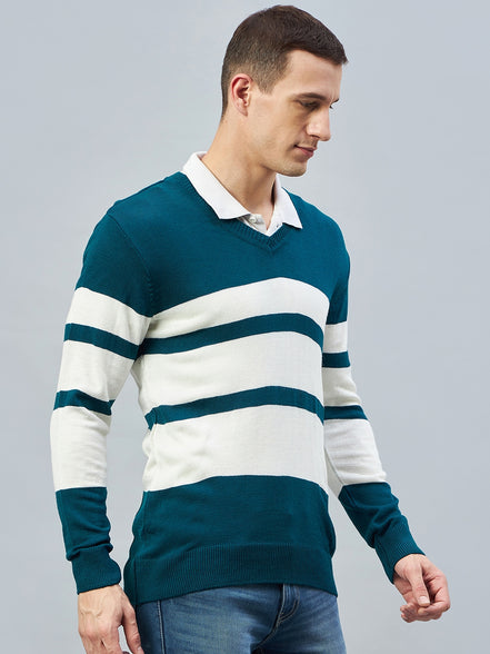 Teal Colorblocked V Neck Sweater