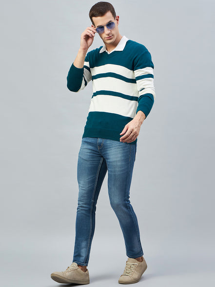 Teal Colorblocked V Neck Sweater