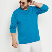 Teal Blue Polo Neck Plus Size Sweater
