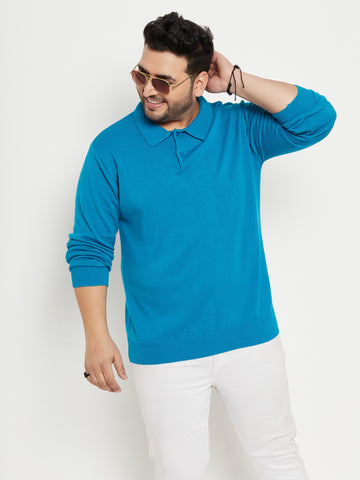 Teal Blue Polo Neck Plus Size Sweater