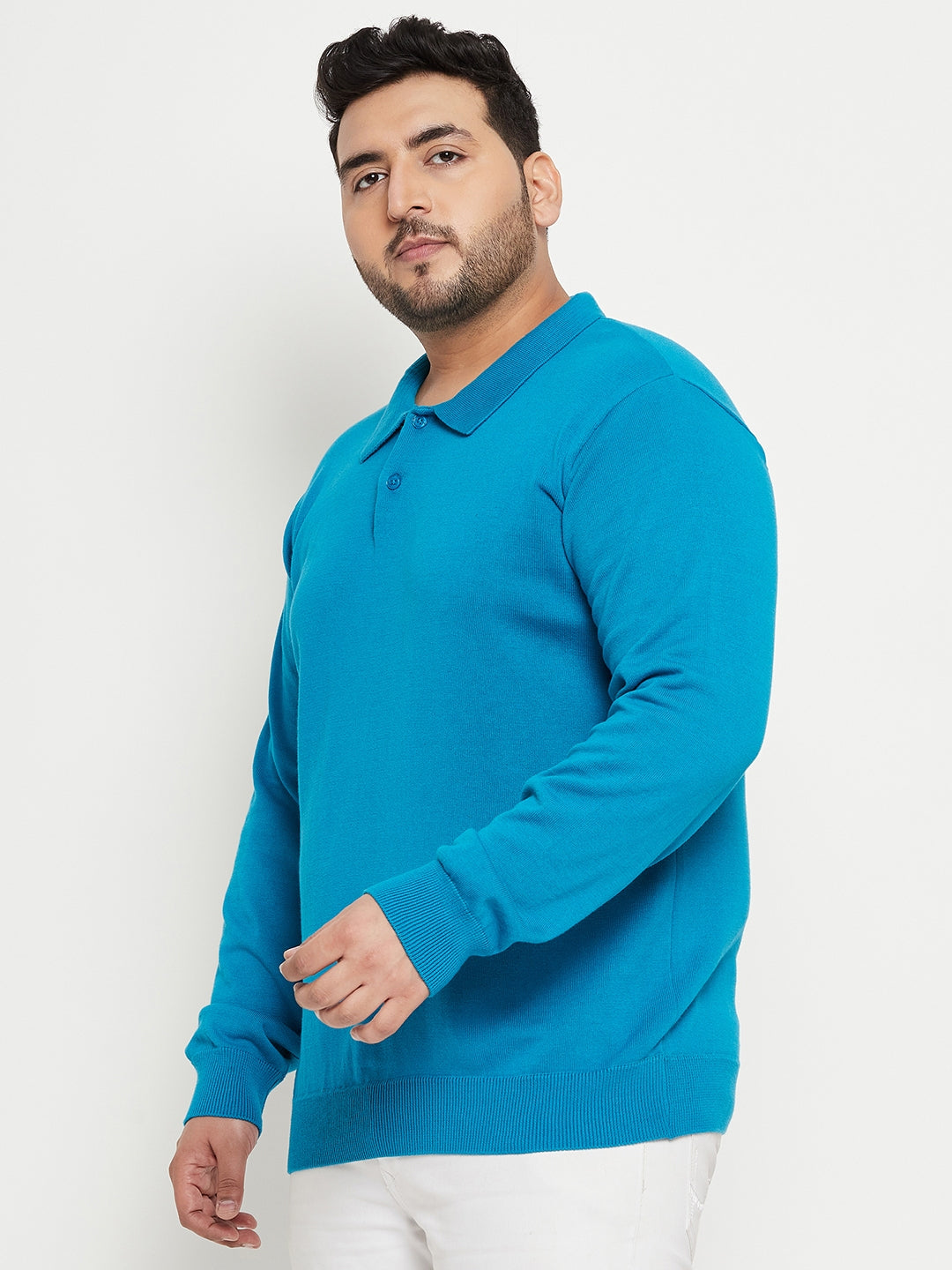 Teal Blue Polo Neck Plus Size Sweater