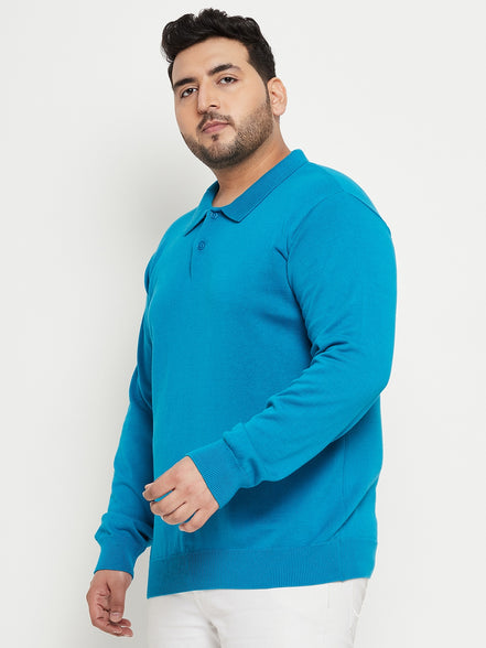 Teal Blue Polo Neck Plus Size Sweater