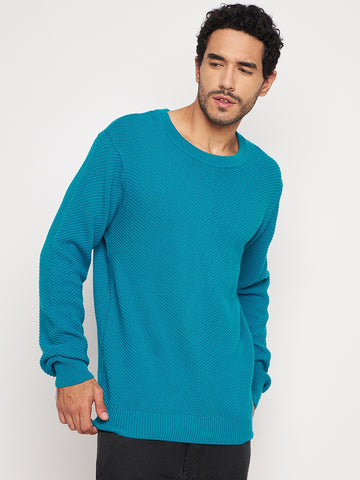 Teal Blue Round Neck Plus Size Sweater