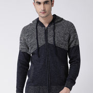 Navy Blue Grey Front-Open Sweater