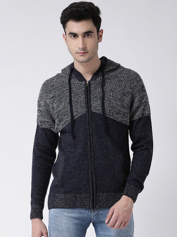 Navy Blue Grey Front-Open Sweater