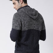 Navy Blue Grey Front-Open Sweater