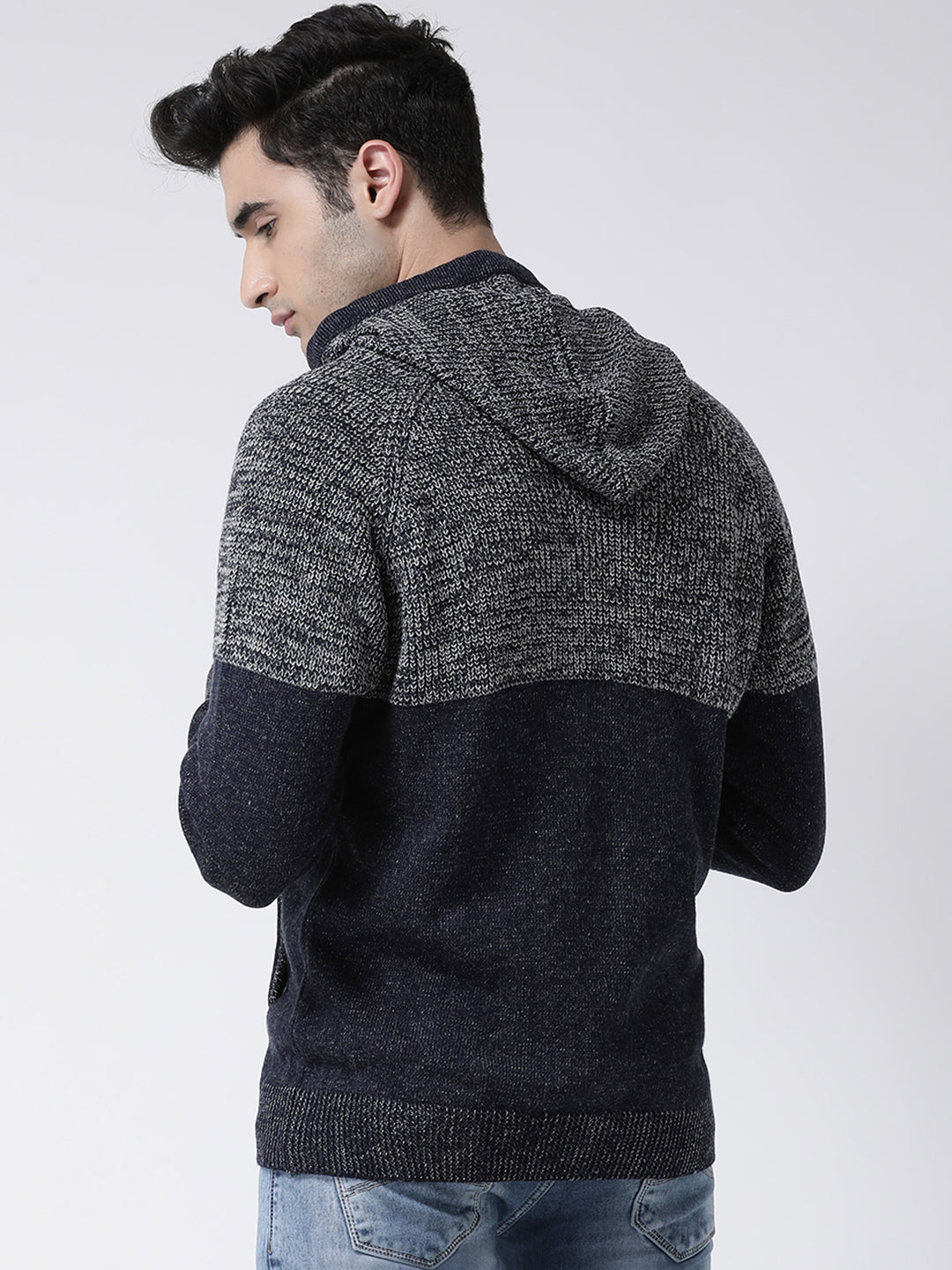 Navy Blue Grey Front-Open Sweater
