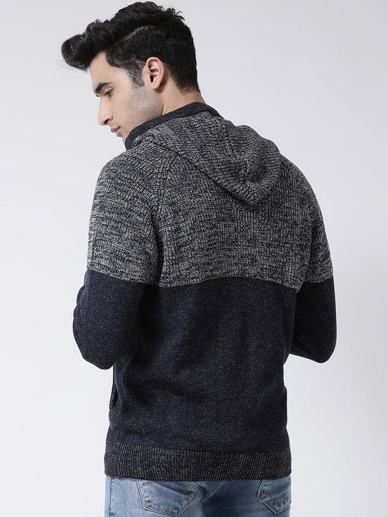 Navy Blue Grey Front-Open Sweater