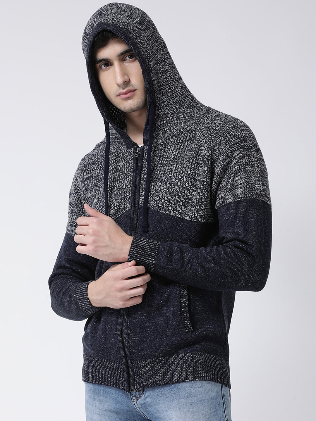 Navy Blue Grey Front-Open Sweater