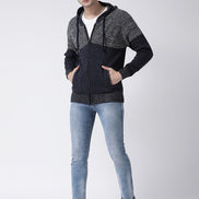 Navy Blue Grey Front-Open Sweater